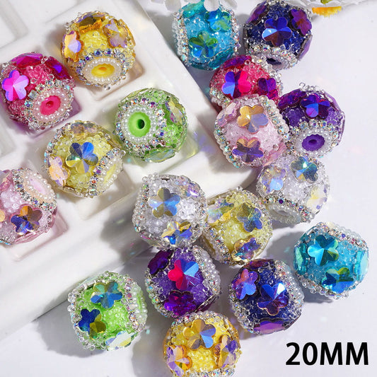 Hand-Made Acrylic Sugar Beads with Dazzling Flowers, Clear Rhinestones and White Pearl Chains, 20MM, Random Mix