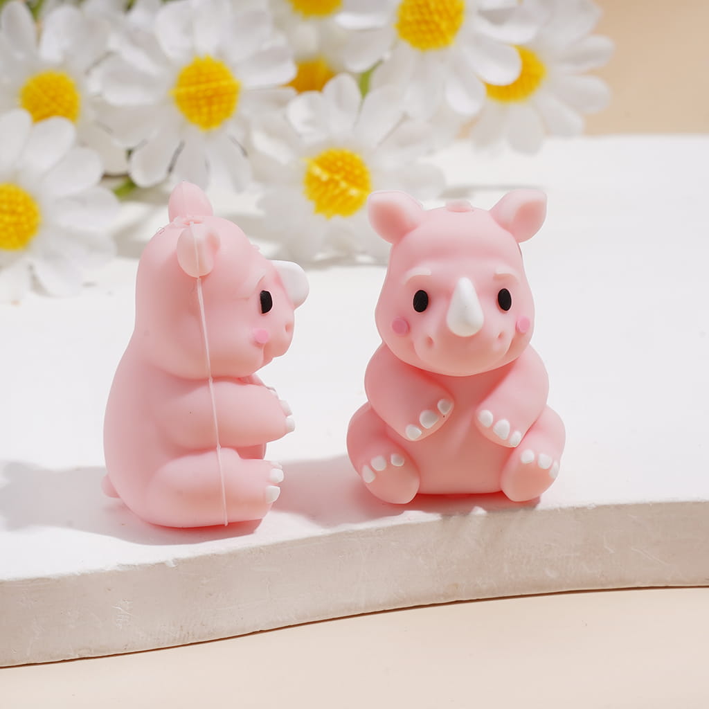 Silicone Focal Beads 3D Cute Rhinoceros with White Horn, Multi-Color