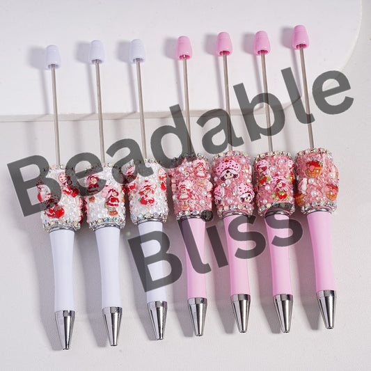 Beadable Clay Pen w Cat Strawberry Girl Series White Pearls AB & Cone Shape Clear Sugar Rhinestones in Solid Color