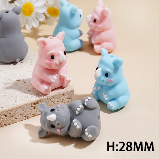 Silicone Focal Beads 3D Cute Rhinoceros with White Horn, Multi-Color