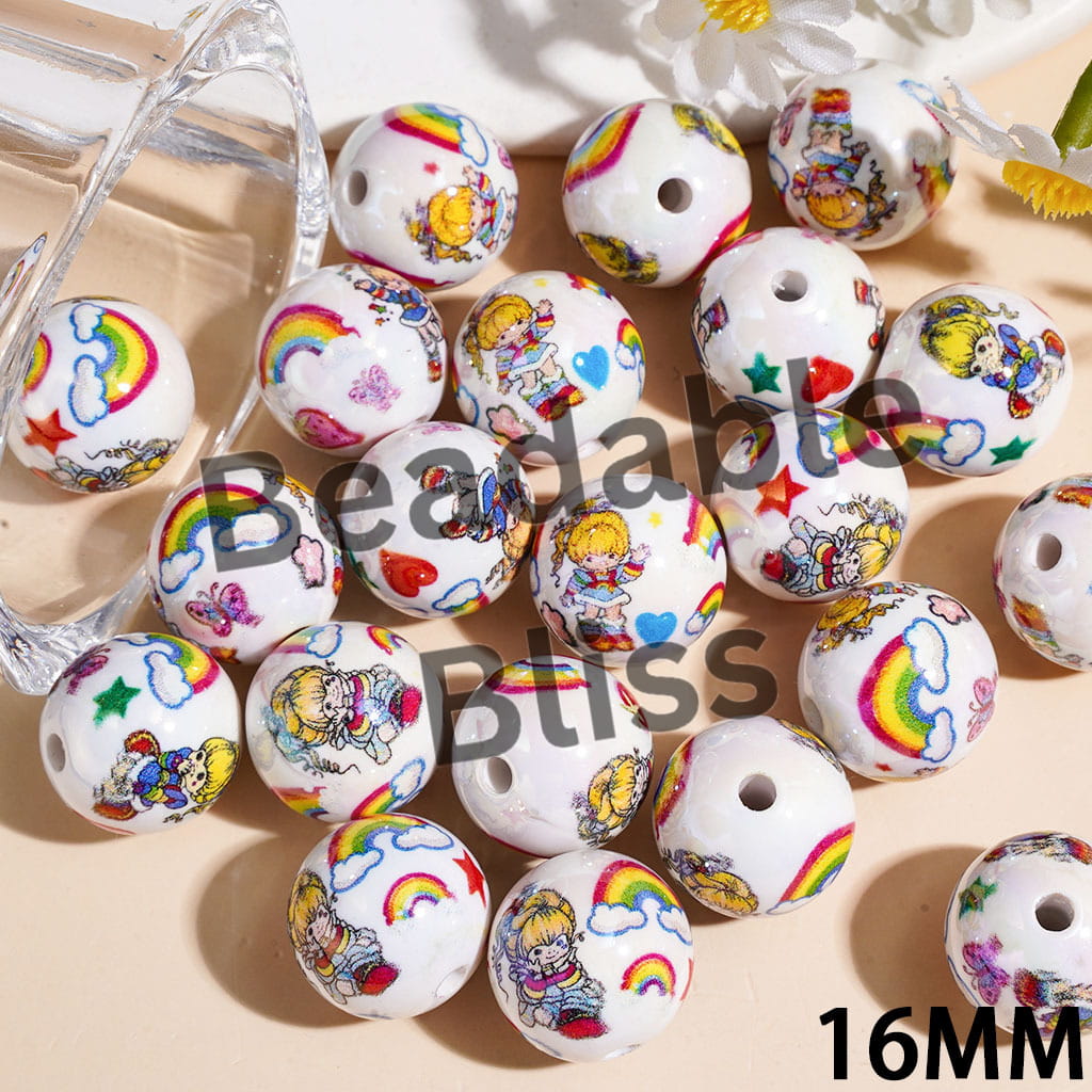 UV-Coated Acrylic Beads for Bracelets with Rainbow Girl Character Prints, 16MM Random Mix