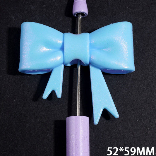 Silicone Focal Beads Blue Soft Bowtie with Glitter, UV Finish, 52*59MM
