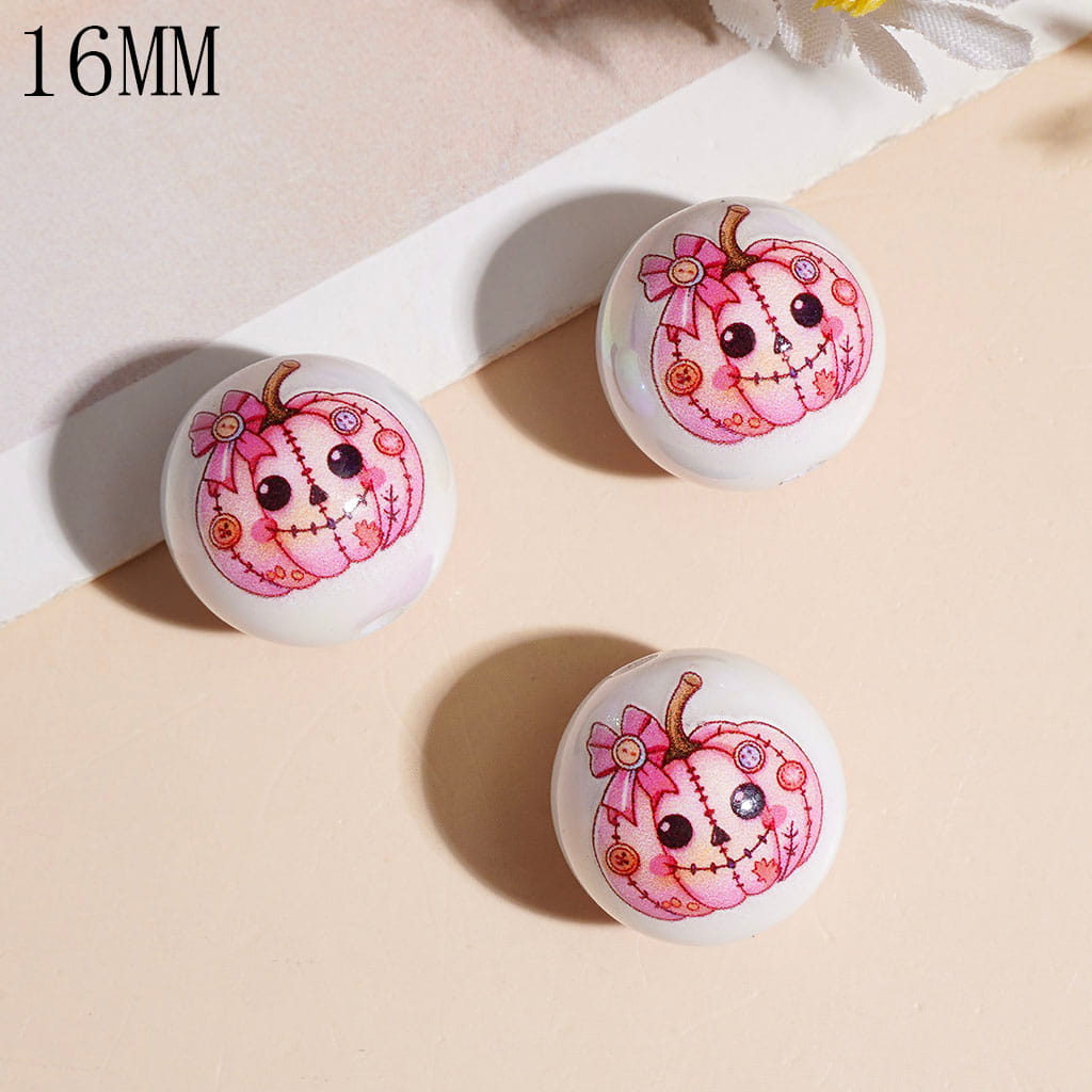 UV Coating Acrylic Beads for Bracelets and Necklace, Halloween Pink Stitched Pumpkin, 16MM