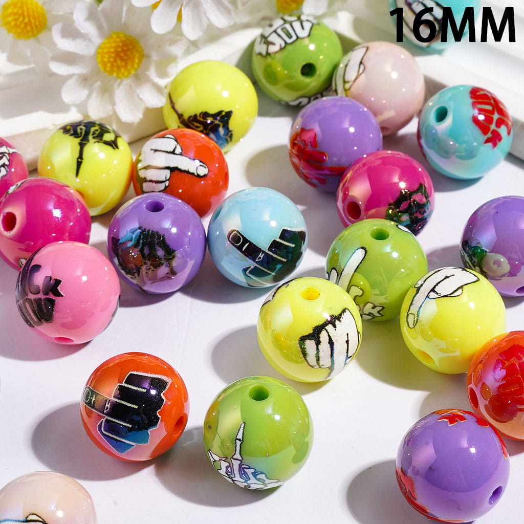 UV-Coated Acrylic Beads for Bracelets with Humor Gesture and Text Prints, 16MM Multi-Color Random Mix