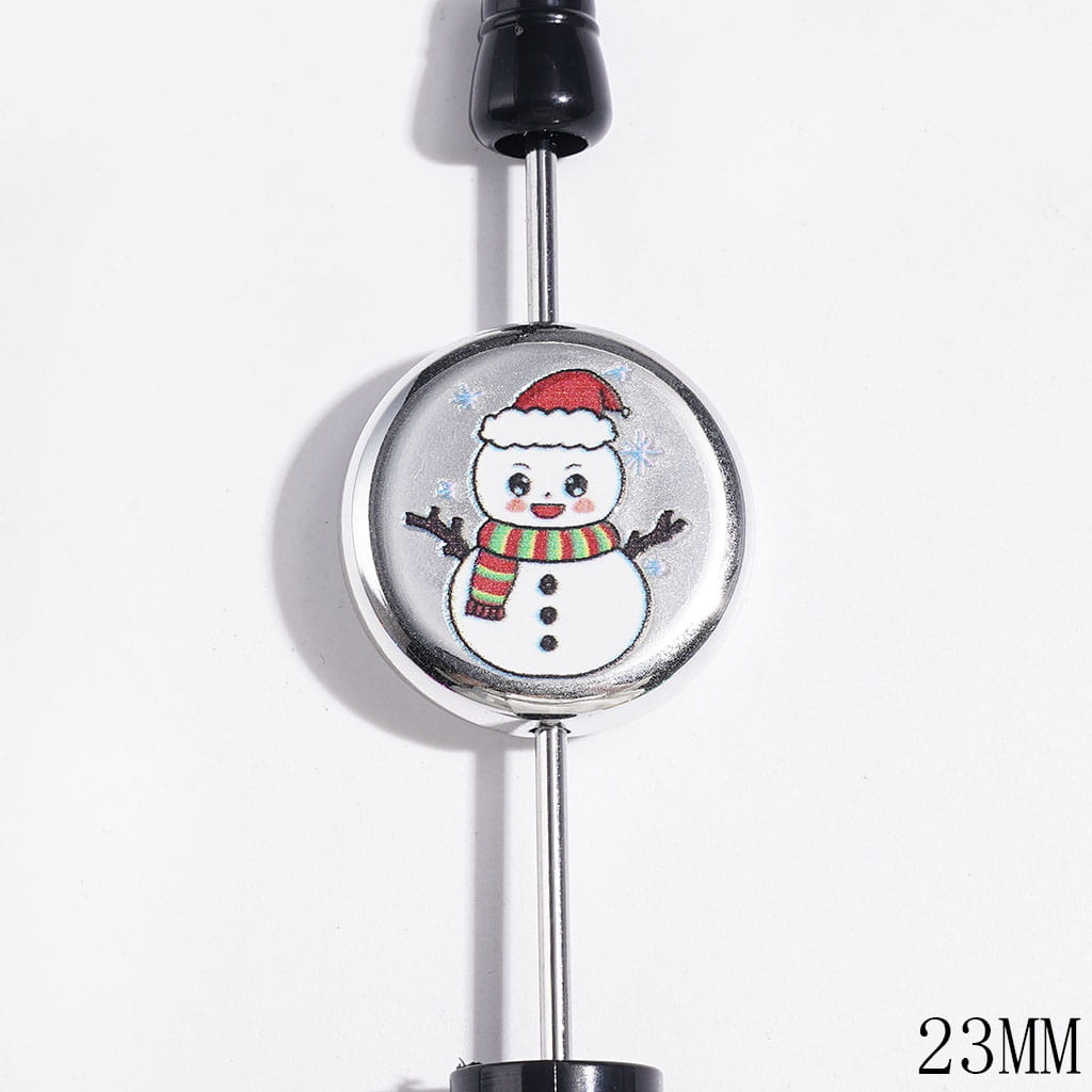 Acrylic Beads Metallic Finish Snowman in Diverse Style, Christmas Theme, Flat Round Shape, 23MM Multi-Color Random Mix