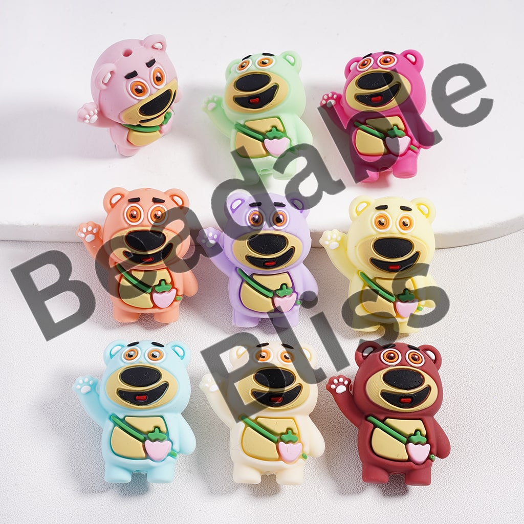 Silicone Focal Beads 3D Bears Wave and Greet with Strawberry Bag, Multi-Colors, Random Mix