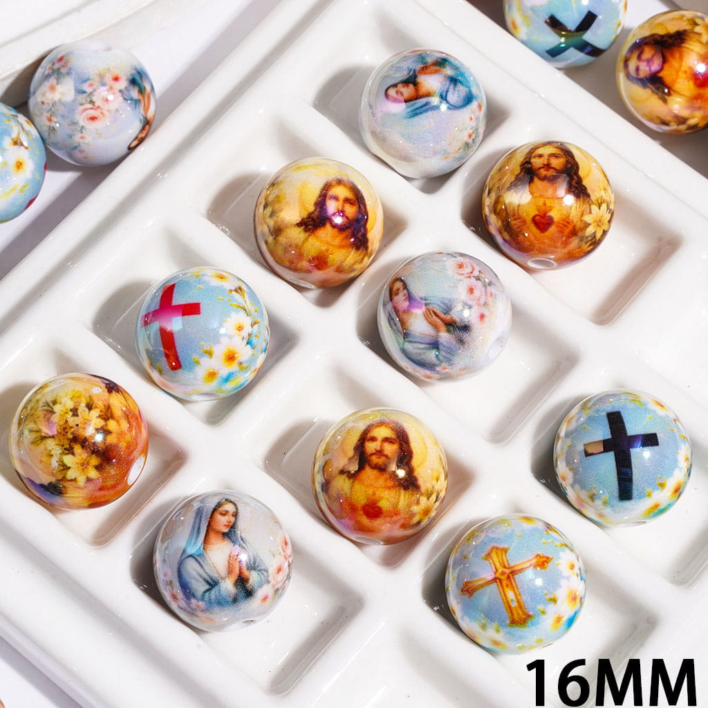 Acrylic Beads for Bracelets UV Coating with Religion Series, 16MM