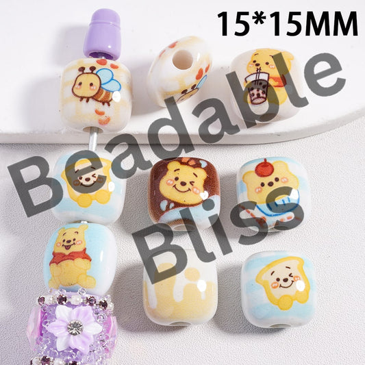 Acrylic Beads Bear Character Series, Curves Square Shape, Random Mix, 15*15MM