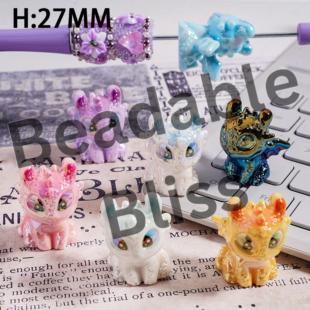 Acrylic Beads UV Coating Baby Dragon Character, Multi-Color, Random Mix, Height 27MM