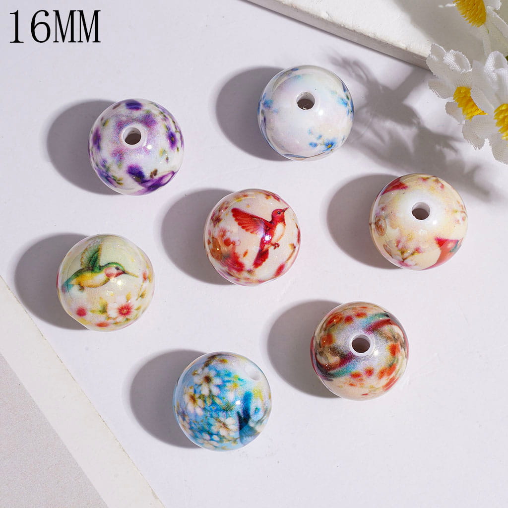Acrylic Beads for Bracelets or Necklace UV Coating, with Hummingbird and Flower Pattern, 16MM, Random Mix, Multi-Color