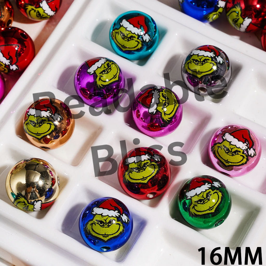 Metallic Colors Acrylic Beads for Bracelets with Green Character with Christmas Hat, 16MM Multi-Color
