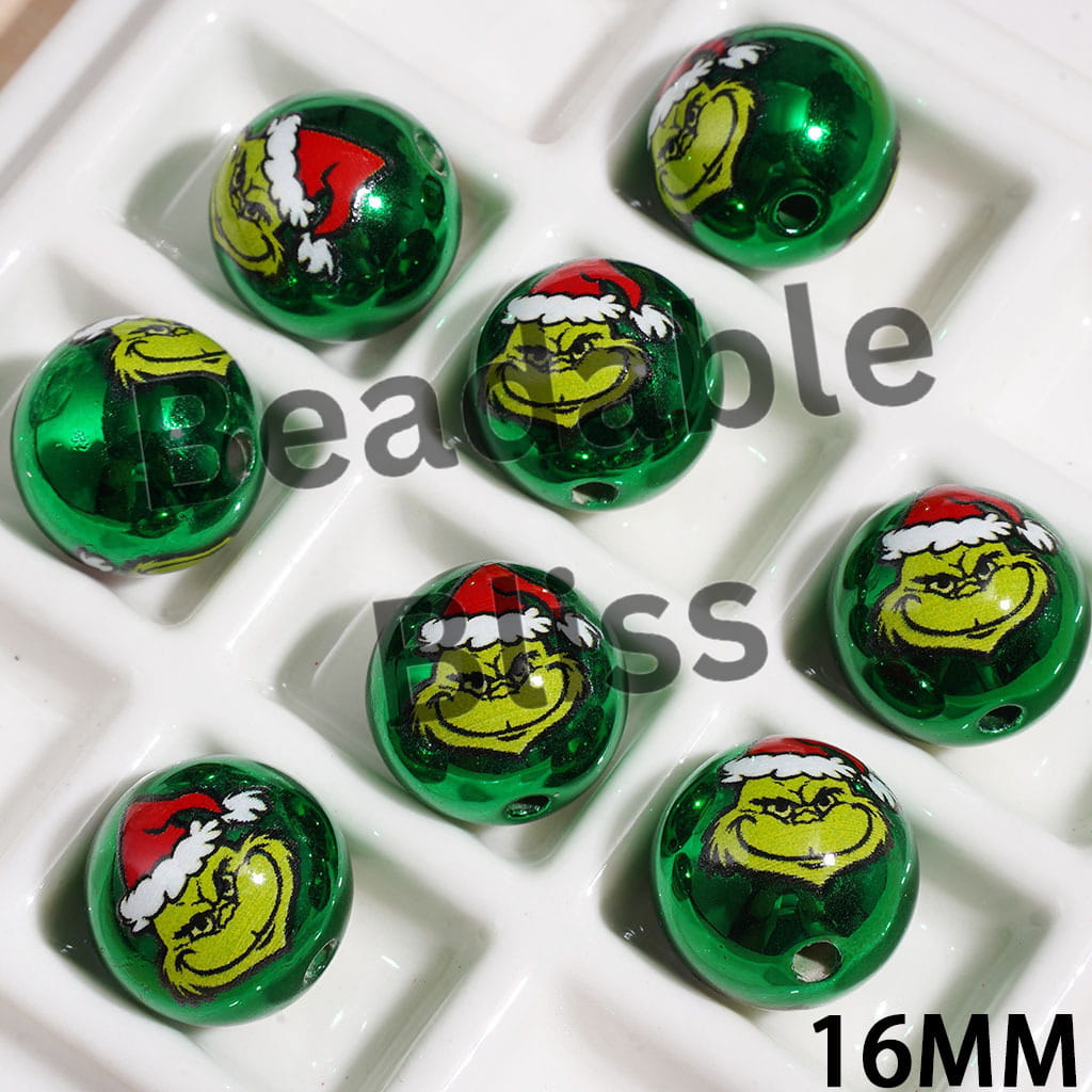 Metallic Colors Acrylic Beads for Bracelets with Green Character with Christmas Hat, 16MM Multi-Color
