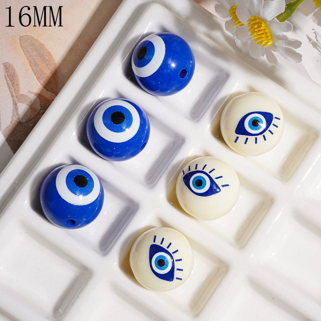 Acrylic Beads for Bracelets or Necklace Evil Eyes, 16MM, Blue and White Background, Random Mix