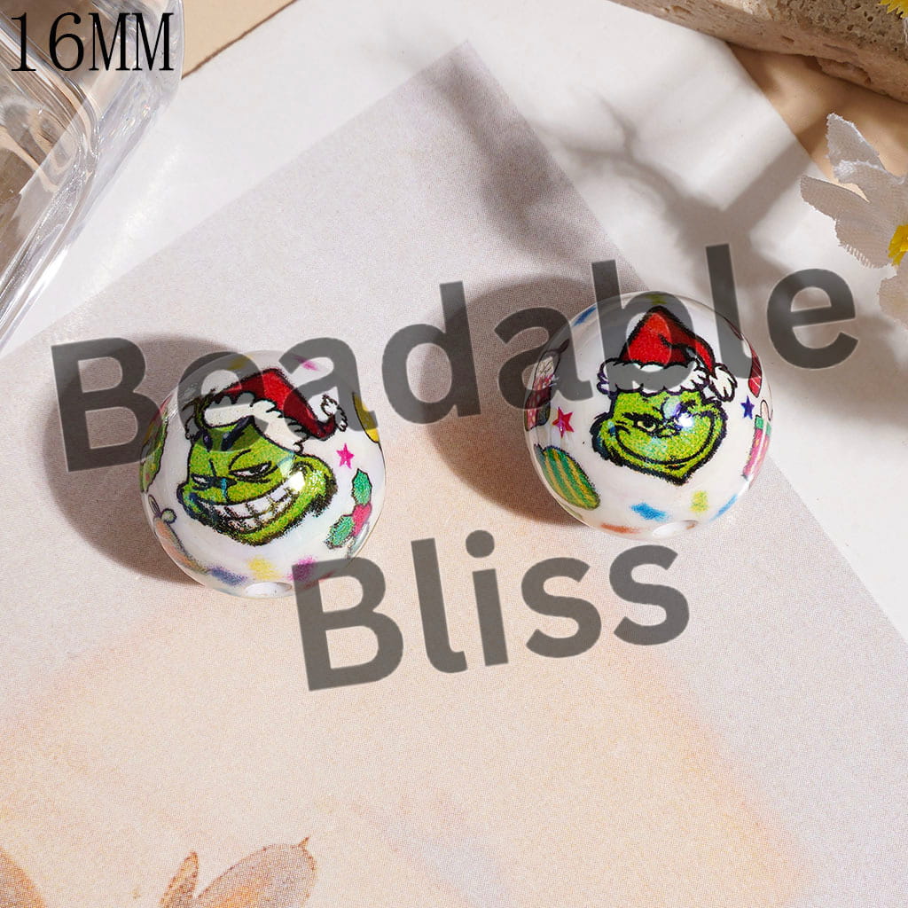 Green Character with Christmas Hat Gift Box Star Bell UV Finish Acrylic Beads for Bracelets, White Background, 16MM, Random Mix