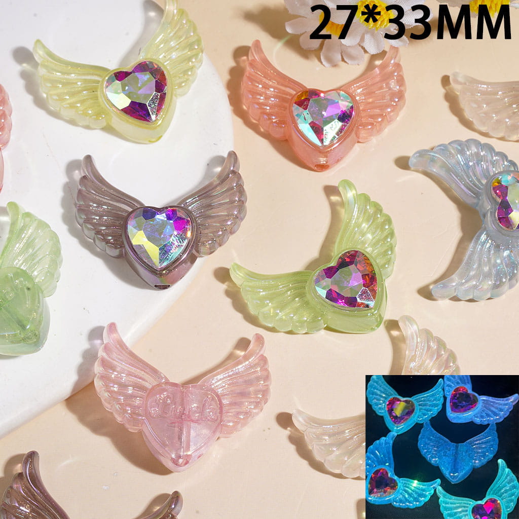 Luminous UV-Coated Acrylic Beads with Angel Wings and Heart Shaped AB Rhinestone, 27*33MM Random Mix Multi-Color