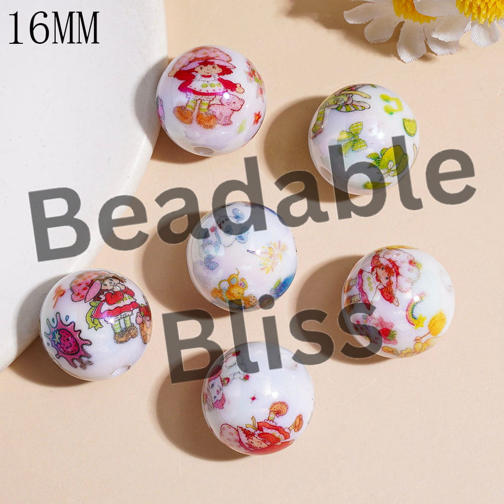 UV-Coated Acrylic Beads for Bracelets & Necklace Berry Girl Character, 16MM, Various Colors, Random Mix