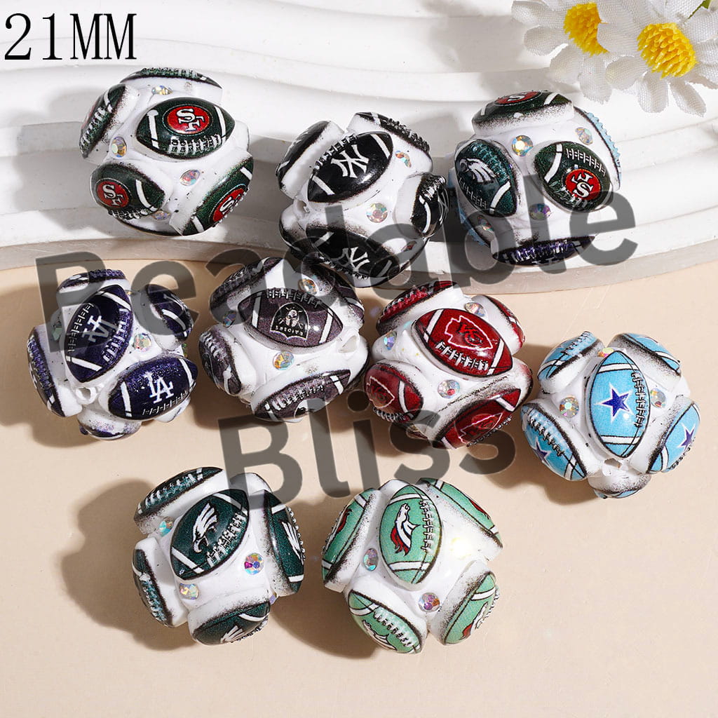 Clay Beads with American Football Baseball Team and AB Rhinestones, 21MM, Random Mix