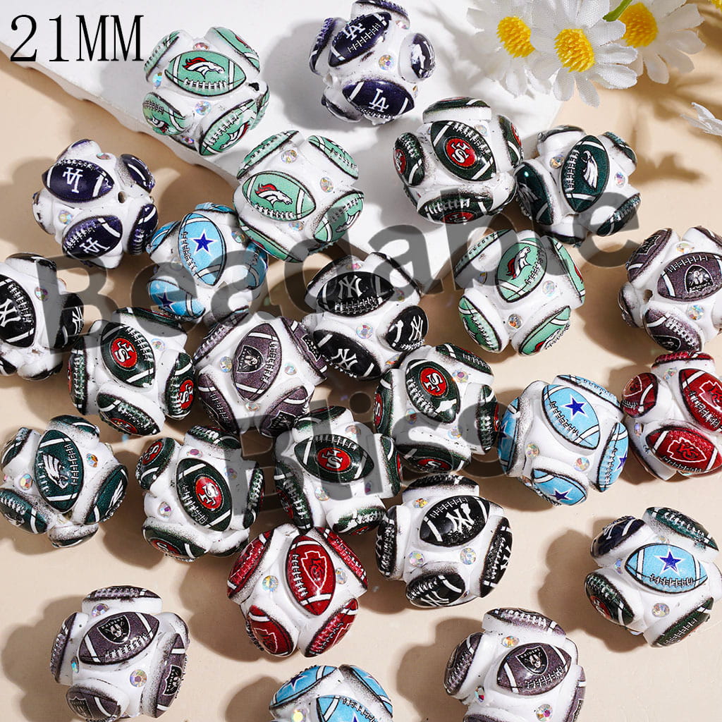 Clay Beads with American Football Baseball Team and AB Rhinestones, 21MM, Random Mix