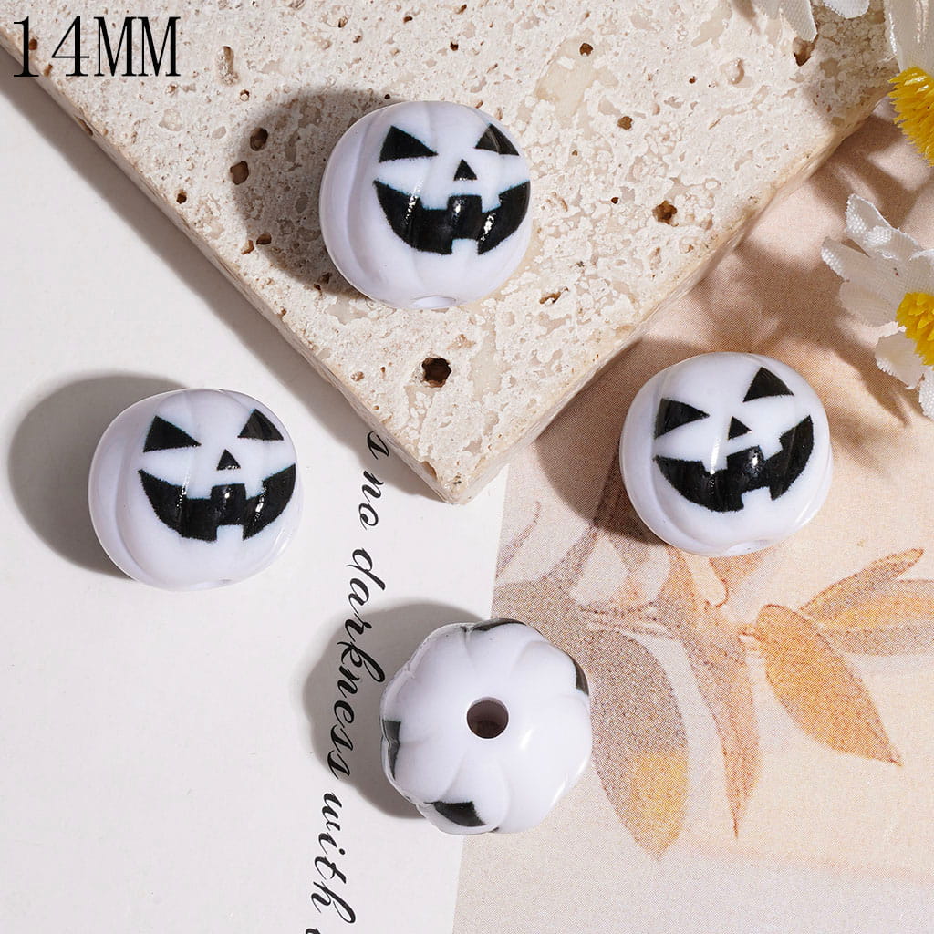 14MM - Pumpkin Acrylic Beads with Black Wicked Facial Expression, Halloween Theme, White Background