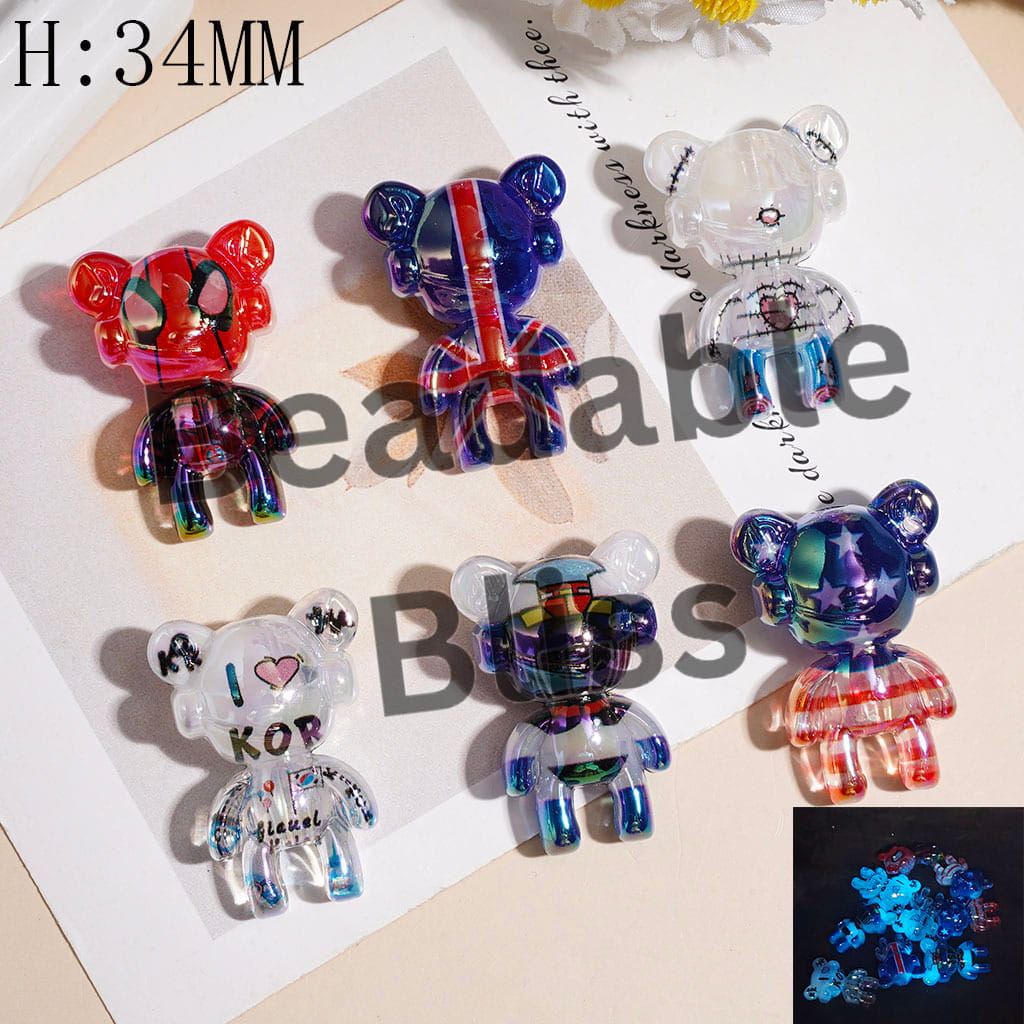 Luminous Acrylic Violent Bear Beads with National Flag Web Hero Character Patterns, 34MM, Random Mix