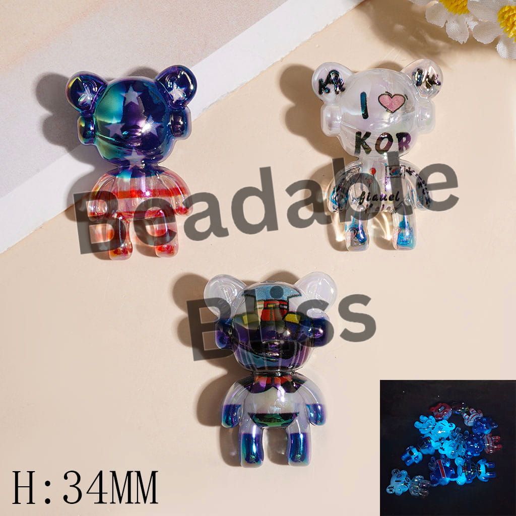 Luminous Acrylic Violent Bear Beads with National Flag Web Hero Character Patterns, 34MM, Random Mix