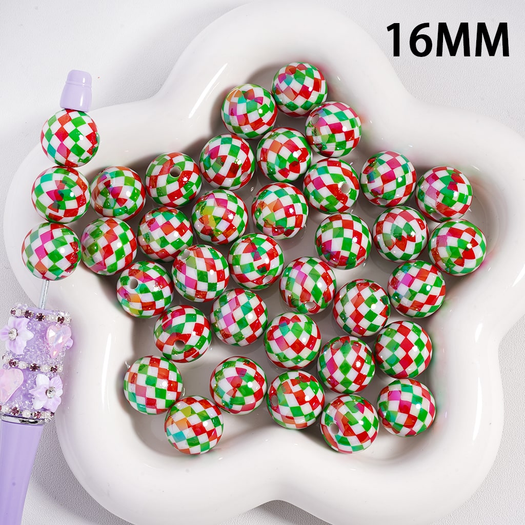 Acrylic Beads UV Coating Red Green White Checkered Christmas, 16MM