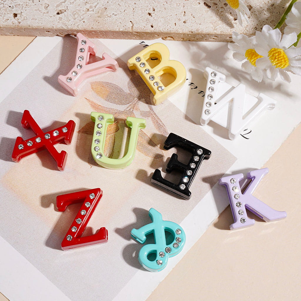 No Hole - Hollowed Alphabet Letters with Clear Rhinestones Acrylic for DIY Beads and Pendants Ornaments, Multi-Color, Random Mix