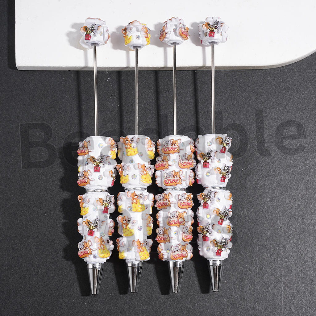 Beadable Clay Pens with Cat & Mouse Characters & Food Series, AB Rhinestones