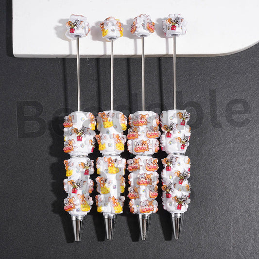 Beadable Clay Pens with Cat & Mouse Characters & Food Series, AB Rhinestones