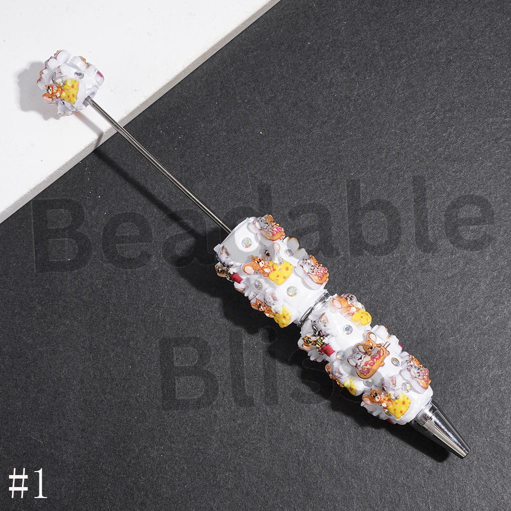 Beadable Clay Pens with Cat & Mouse Characters & Food Series, AB Rhinestones