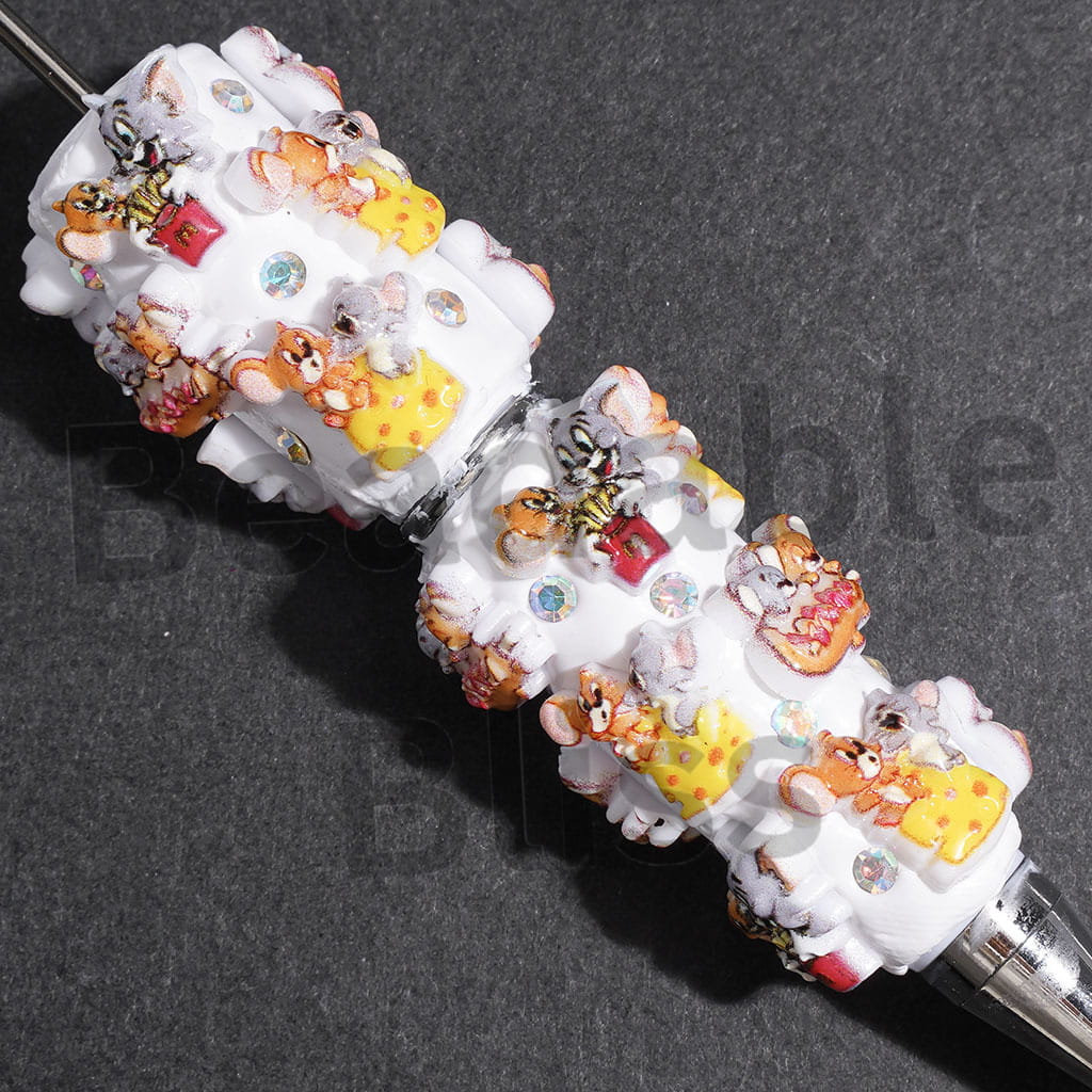 Beadable Clay Pens with Cat & Mouse Characters & Food Series, AB Rhinestones