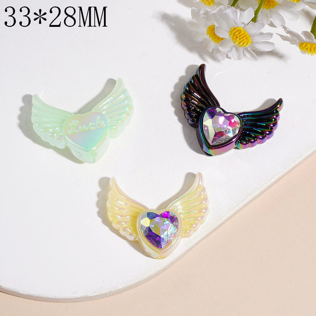 Heart with Sparkling AB Rhinestone and Angel Wings Acrylic Beads, UV Coating Process, 33*28MM, Multi-Color, Random Mix