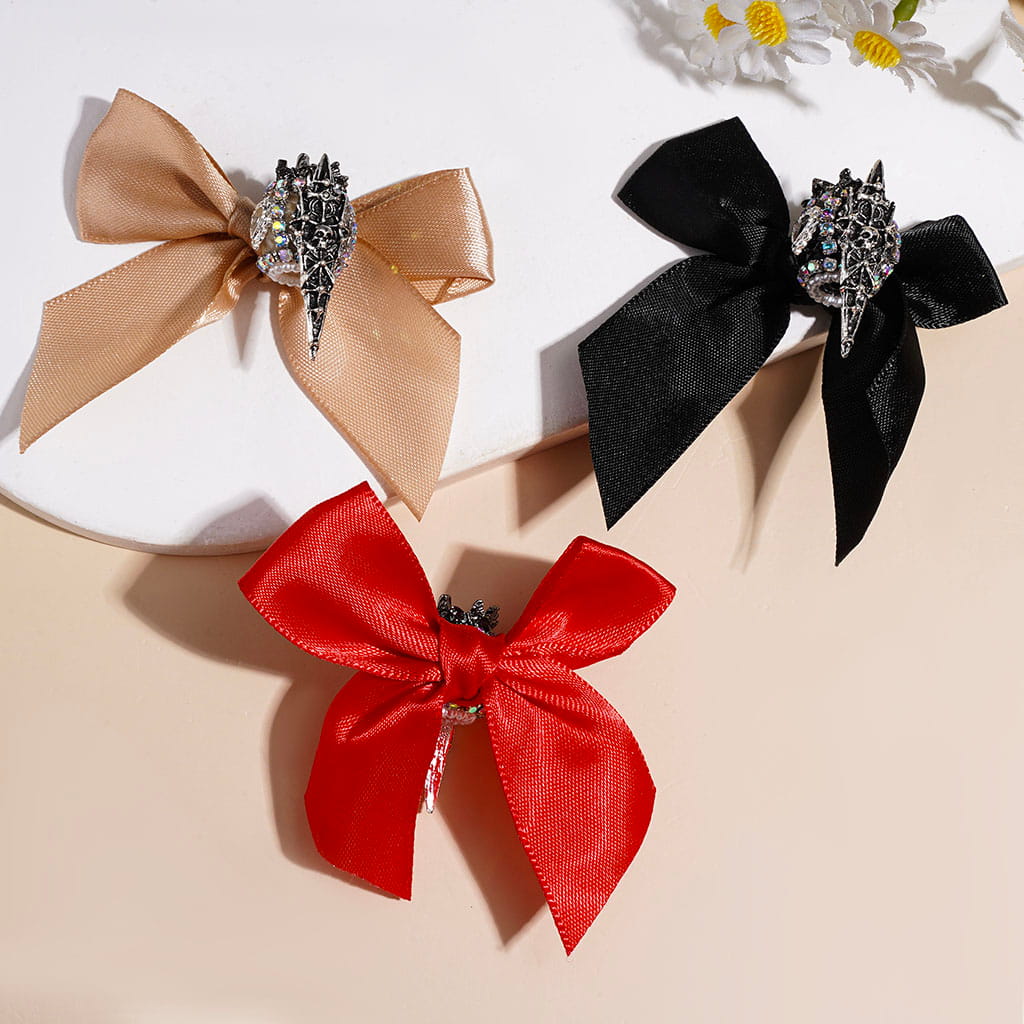 Gun Black Antique Skull Metal & Butterfly Design Crown Heart Handmade Fabric Bowtie Acrylic Beads, White Pearl & AB Rhinestone Chains, Random Mix, Multicolor