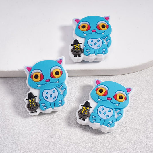 Silicone Focal Beads Cute Blue Cat and Black Bird with Hat Halloween Style