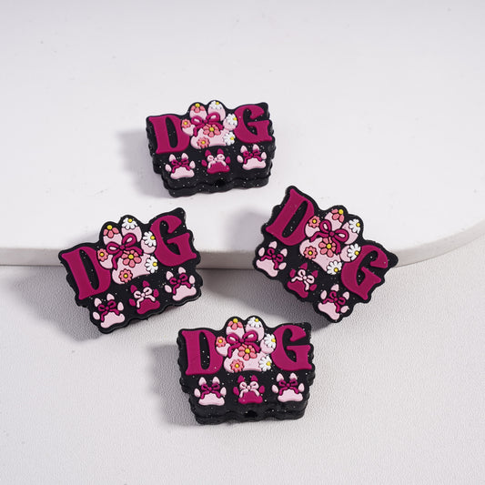 Silicone Focal Beads with Silver Glitter Flowers Bowtie Dog Paw Prints in Various Colors