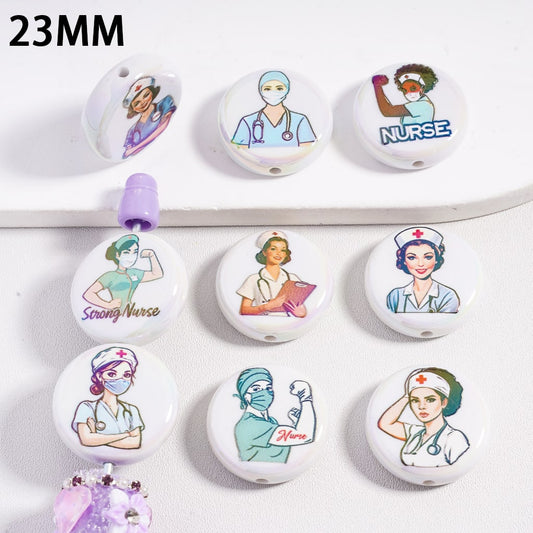 Acrylic Beads w UV Coating, Doctor & Nurse Style, Double Sided, Random Mix, 23MM