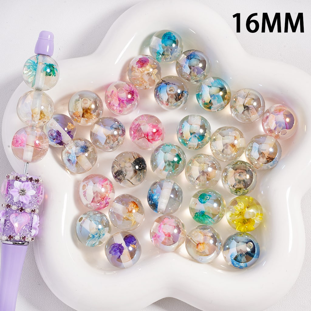 Acrylic Beads UV Coating Dried Daisy Flowers Gold Foil Paper Inside, Transparent Color, Random Mix, 16MM
