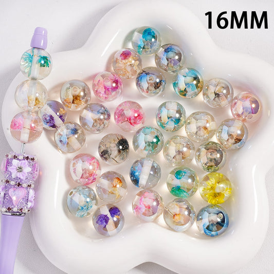 Acrylic Beads UV Coating Dried Daisy Flowers Gold Foil Paper Inside, Transparent Color, Random Mix, 16MM