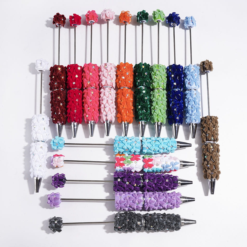 Beadable Clay Pens with Flocked Fluffy Bowtie and AB Rhinestones, Multi-Color