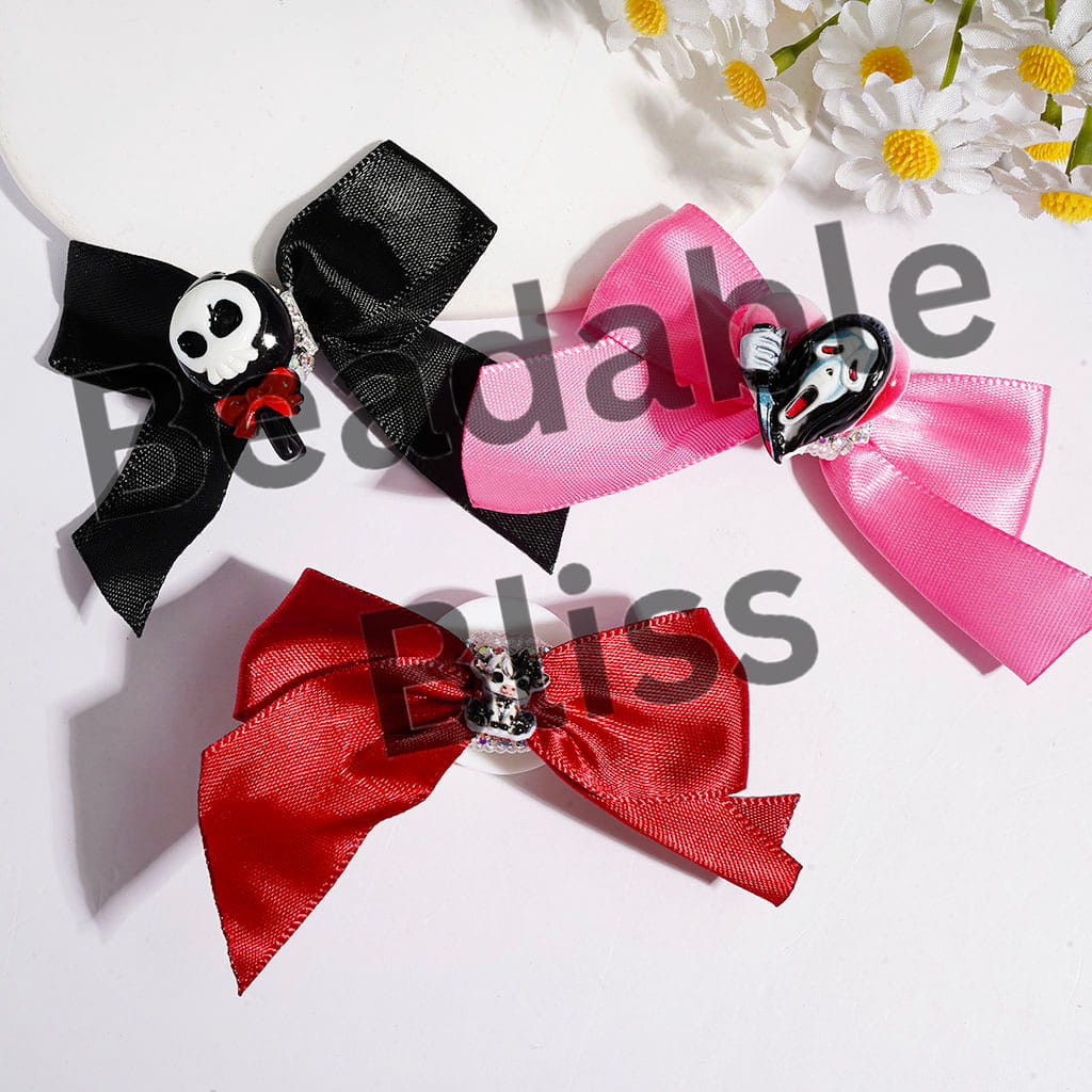 Handmade Fabric Bowtie Acrylic Beads, with Halloween Ghost Skull Lollipop Candle Eyeball & Metal "$" Sign, AB Rhinestone & White Pearl Chains, Multicolor, Random Mix