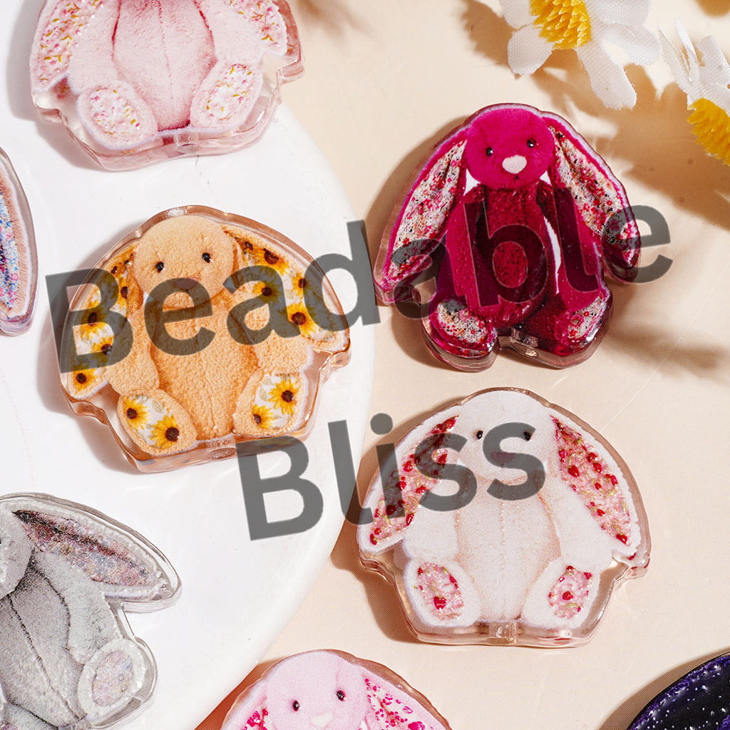 Long-Eared Rabbit Bunny Doll with Flowers Semi-Clear Acrylic Beads, Assorted Colors, Random Mix