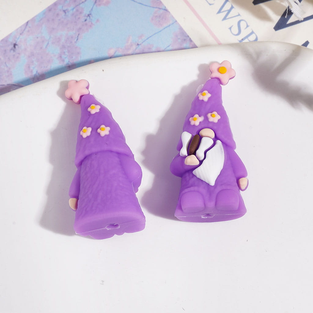 Silicone Focal Beads Gnome Elf with Long Curved-Tip Pointed Hat and White Beard Braid
