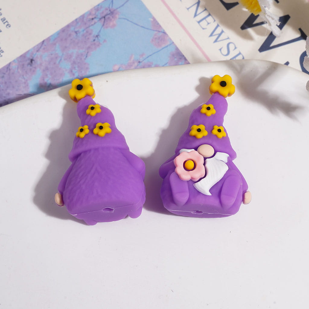 Silicone Focal Beads Gnome Elf with Long Curved-Tip Pointed Hat and White Beard Braid
