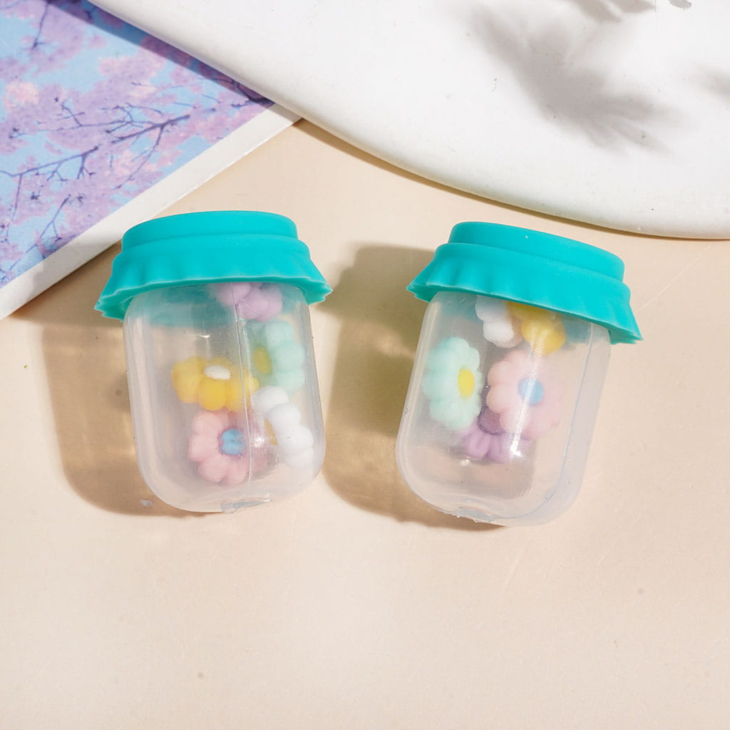 Clear Silicone Shaker Beads with Various Colored Lids and Flowers Embedded Inside the Bottle, Height 27MM