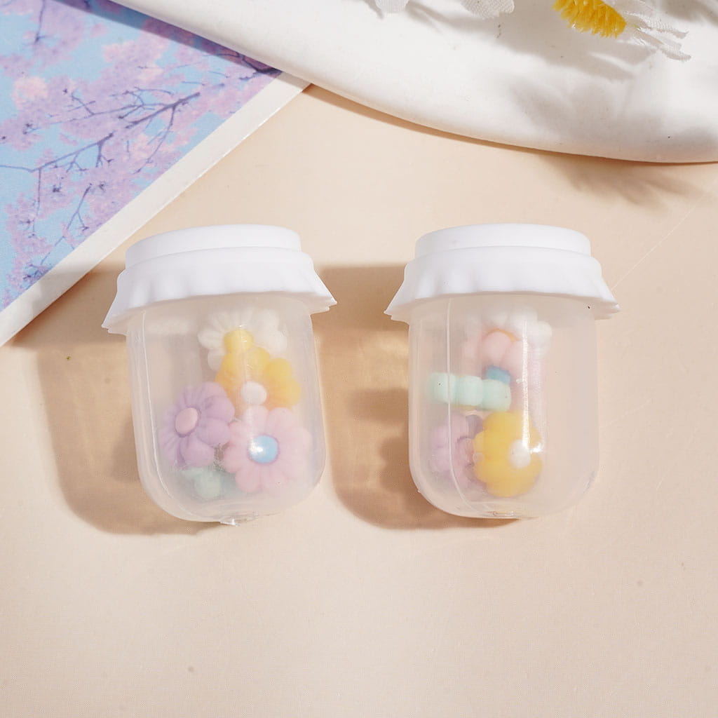 Clear Silicone Shaker Beads with Various Colored Lids and Flowers Embedded Inside the Bottle, Height 27MM