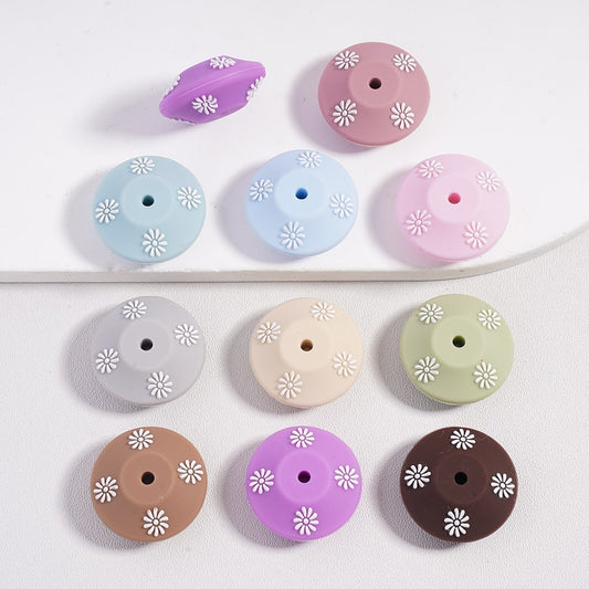 Silicone Lentil Beads Spacers Saucers with White Flowers, Random Mix, 21MM