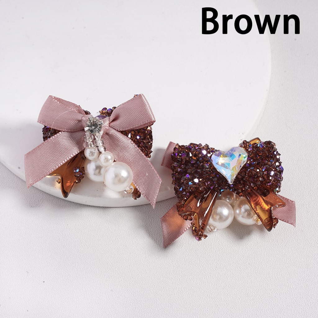 Sugar Acrylic Beads Bowtie with Shiny Cone & Heart Shape Rhinestones Fabric Bowtie White Pearls Accessories, Random Mix