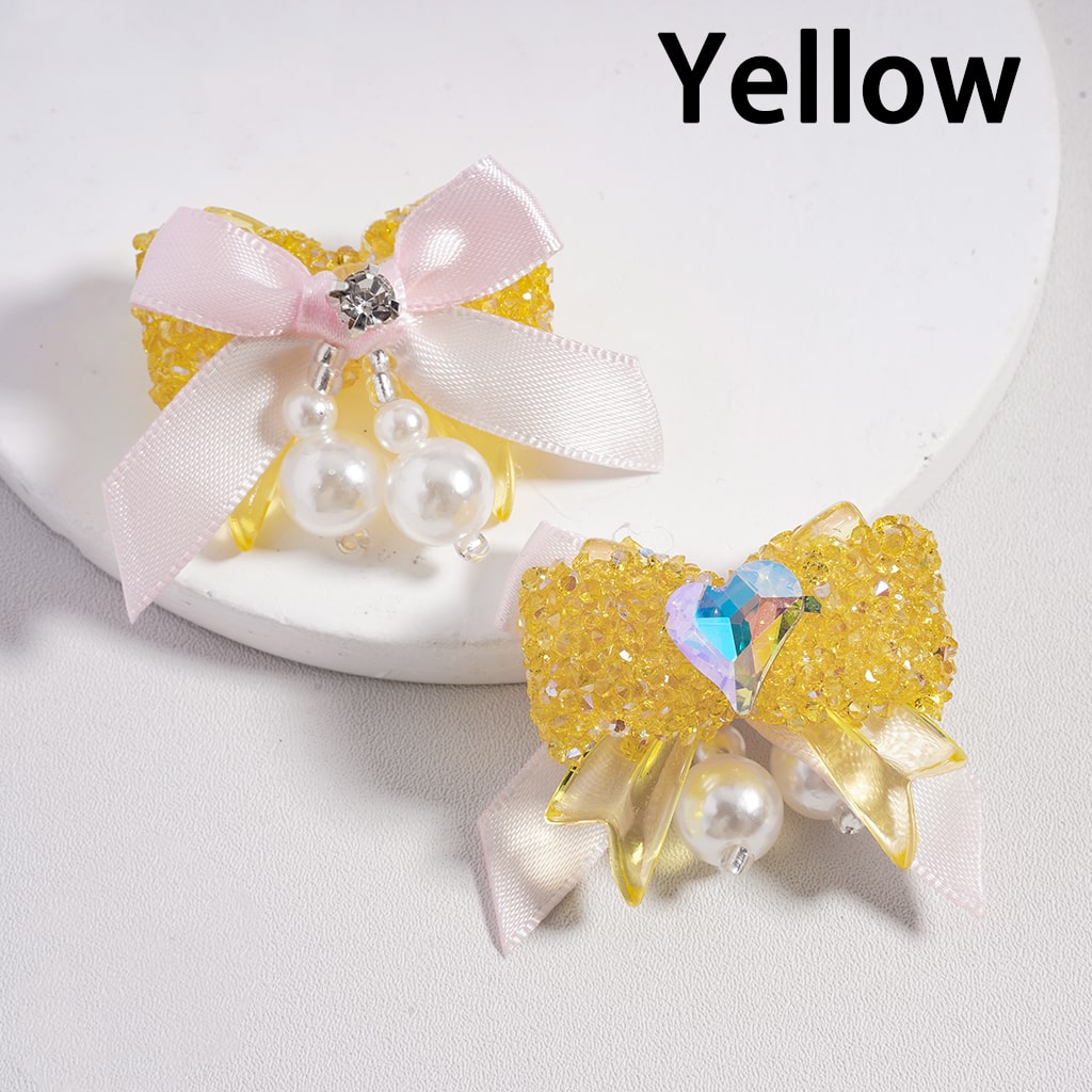 Sugar Acrylic Beads Bowtie with Shiny Cone & Heart Shape Rhinestones Fabric Bowtie White Pearls Accessories, Random Mix