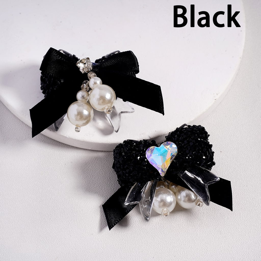 Sugar Acrylic Beads Bowtie with Shiny Cone & Heart Shape Rhinestones Fabric Bowtie White Pearls Accessories, Random Mix