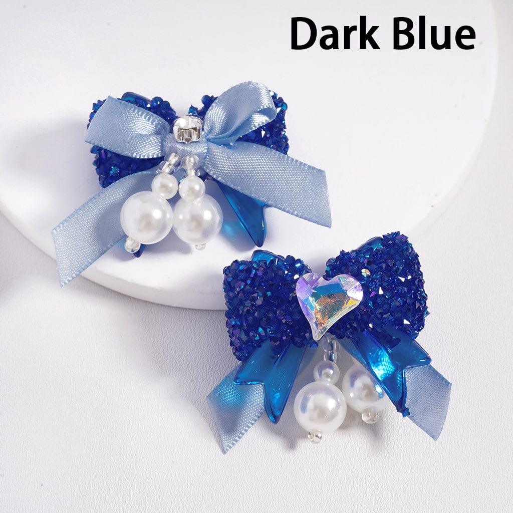 Sugar Acrylic Beads Bowtie with Shiny Cone & Heart Shape Rhinestones Fabric Bowtie White Pearls Accessories, Random Mix